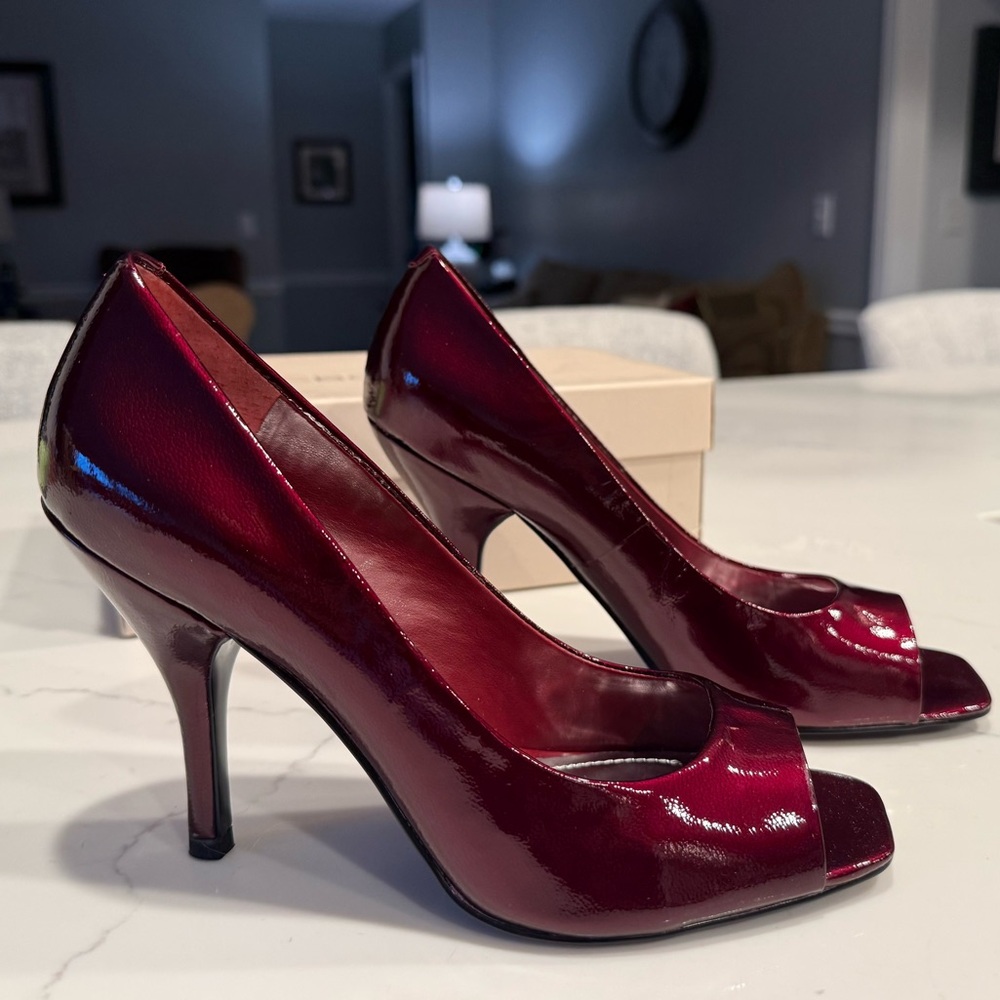 BCBGeneration Shiny Burgundy Peep-Toe Heels